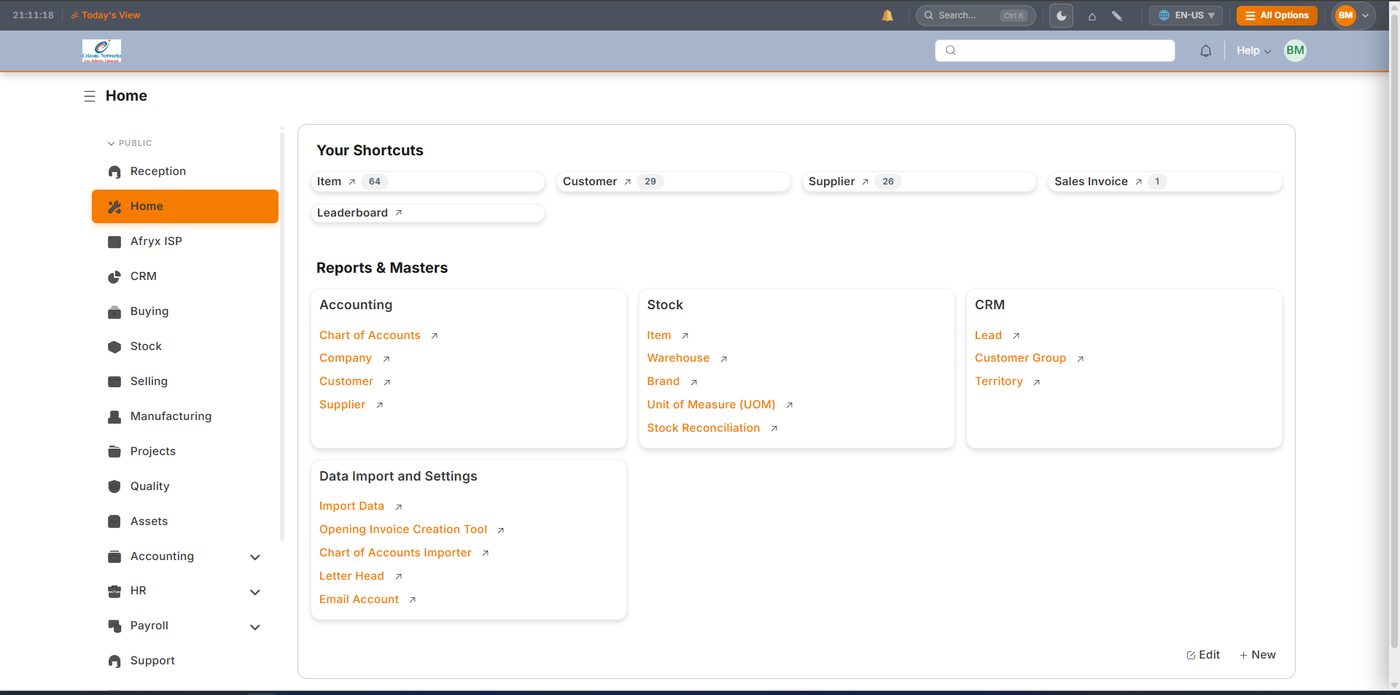 ERPNext deployment — accounting, stock and CRM workspaces